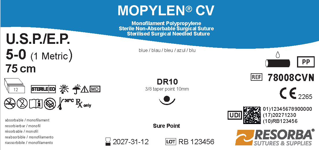 Мопілен CV USP 5-0 синій, довжина 75 см, колюча голка Sure Point 10 мм, 3/8 кола